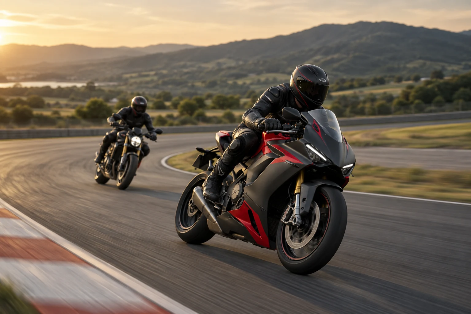 Moto sportiva e naked su una pista asfaltata — illustrazione generata con IA